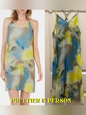 Bar III Pleated V-Neck Slip Dress in Blue, Yellow & Gray
